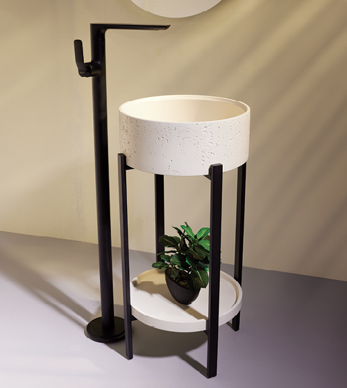 Concrete Round Wash Basin + MS black Stand + Concrete Plate – Aquant India